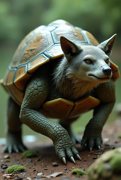 

Create a hyper-realistic image of a naturally born hybrid animal that fuses a turtle and a wolf. The creature should have the robust body and characteristic shell of a turtle, covering its back with rough textures and natural green and brown patterns. Th...