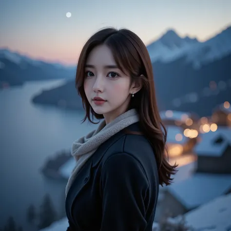 a photorealistic yet surreal close-up of a young woman standing on a mountain ridge at twilight, focusing on her upper body and ...