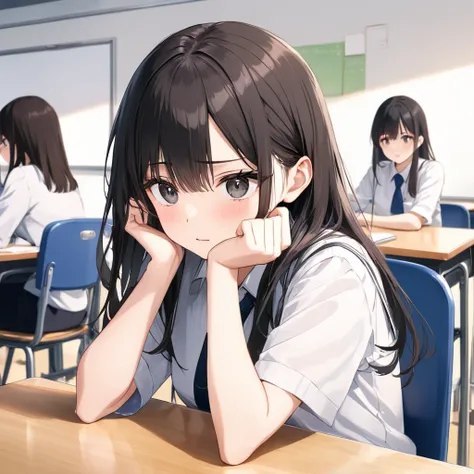 anime、((Amazingly absurd)),(masterpiece:1.2),超High resolution, Attention to detail, high quality, High resolution, 最high quality, 4K, 8k、Woman sitting on chair,In the classroom,Test it,I have a pen,Put your elbows on the desk,Proper Blur,Emphasise the fema...