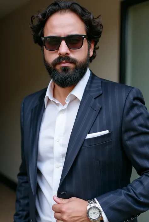 A  man with a well-groomed beard and stylish sunglasses.. He is dressed in an elegant, tailor made suit, with a smart blazer and a crisp dress shirt. The blazer is a deep navy blue with subtle stripes.., And the shirt is a classic white with a slight sheen...