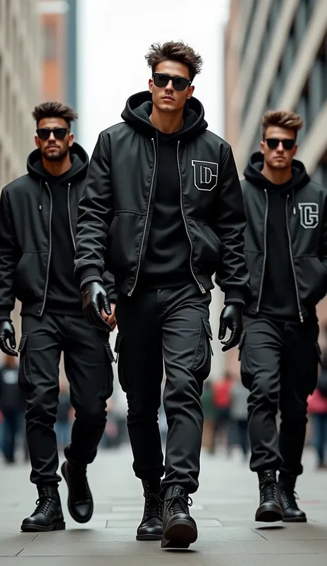 Young Men with black College Varsity Jacket, black Cargo Pants, black Boots, Leather Gloves, Sunglasses 