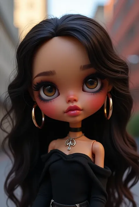 blythe doll, big eyes, long eyelashes, thick clear eyebrow, snub nose, big juicy pink lips, long thick dark wavy hair, big hoop earrings, lip gloss combo, blush,off shoulder black shirt, Aquarius necklace,  light brown skin,dark brown eyes, cheeks, under e...