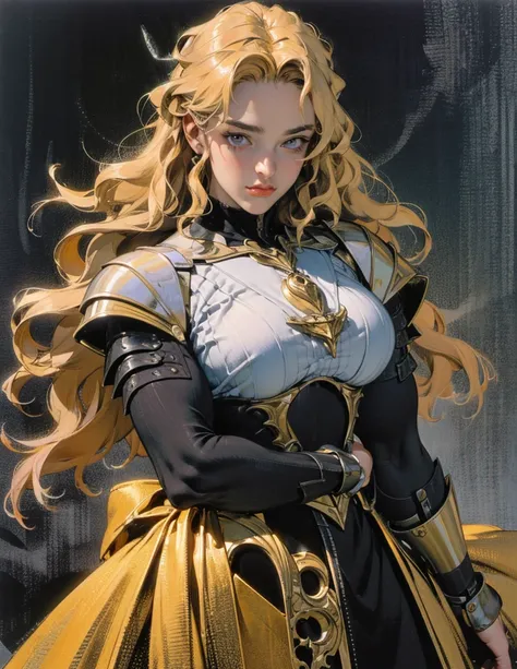 (best lighting) (best quality, masterpiece:1.2), (absurdres), 4k, (detailed eyes), (detailed face), alluring woman ((wearing golden armour)). Her long blonde hair flows from under her helmet and ((her eyes shine bright blue)). She stands victorious in fron...