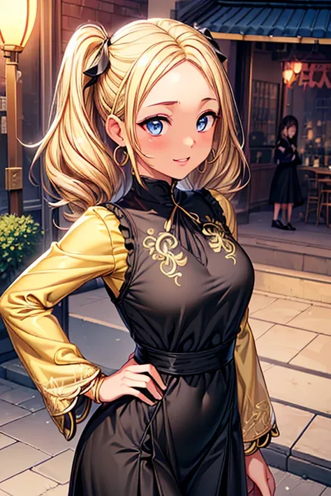 A girl is posing for a photo, animeのcute女の子,  ((One Girl)), ((baby face:1.4)), ((cute:1.5)), 
break 

((Black long dress:1.5) : (Golden Phoenix Embroidery:1.2) + (High neck) + (Long sleeve) + (Wide sleeves)), (Black high heels),  
((Glamorous gold bracelet...