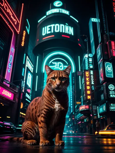 A close-up picture of a big brown cat in the futuristic cyberpunk neon tron world, cyberpunk city landscape, detailed intricate architecture, glowing neon lights, dramatic lighting, moody atmosphere, cinematic composition, vibrant colors, 8k, photorealisti...