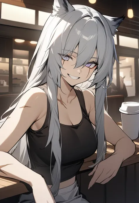 One girl, Lapland(Arknights), Arknights, Upper Body, Sitting, Grey Hair, Long Hair, Scar above eye, chest, Grin, Open Court, Tube tops, Movie angle, At the cafe, masterpiece, Best Quality