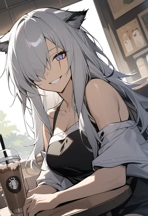 One girl, Lapland(Arknights), Arknights, Upper Body, Sitting, Grey Hair, Long Hair, Scar above eye, chest, Grin, Open Court, Tube tops, Movie angle, At the cafe, masterpiece, Best Quality