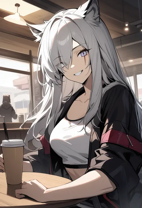 One girl, Lapland(Arknights), Arknights, Upper Body, Sitting, Grey Hair, Long Hair, Scar above eye, chest, Grin, Open Court, Tube tops, Movie angle, At the cafe, masterpiece, Best Quality