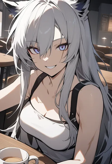 One girl, Lapland(Arknights), Arknights, Upper Body, Sitting, Grey Hair, Long Hair, Scar above eye, chest, Grin, Open Court, Tube tops, Movie angle, At the cafe, masterpiece, Best Quality