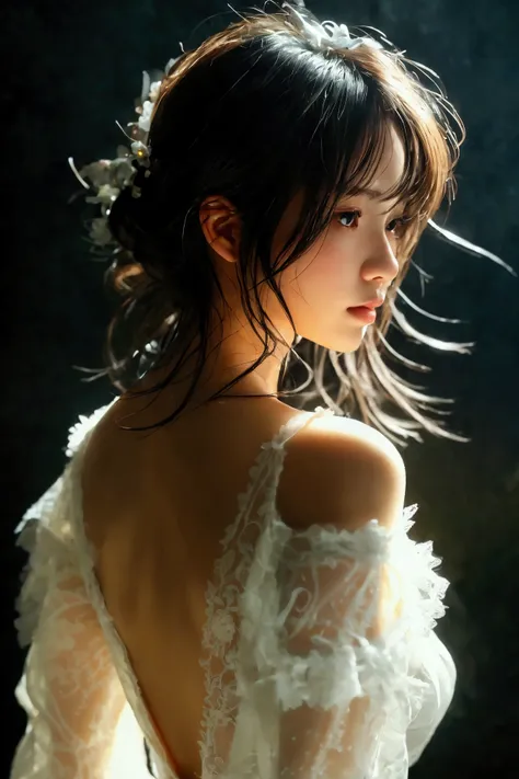 Realistic photo of a beautiful woman in a form-fitting dress、Moderately large breasts、1、Japanese、profile、Slightly slanted、Realistic、Black Background、Dimly lit studio、White sexy dress、Buttocks line