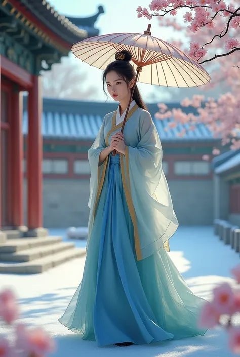 Beauty korea woman, fantasy,she walking in old palace with umbella ,Beauty face ,she look like iu superstar in korea,wear blue gold traditional korea,flowers blossom,pink blue,snowy