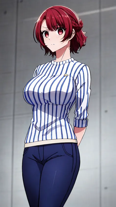 ((masterpiece)), ((Best Quality)), starter, One Girl, Large chest, short_hair, red_hair, red_eye, Alone_concentrated, indoor, Large chest、Perfect body、Cowboy Shot、score_9,score_8_up,score_7_up,1girl,Have tea_anri,red hair,red eyes,short hair,Alone,large br...