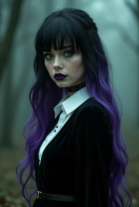 Ravenna Blackwood  a Goth witch with pale white skin and long spilt dyed  purple and black hair with bangs and emerald colored eyes.  Wearing the Evercrest Academy uniform black dress with a white dress shirt underneath     Horror movie scene, cinematicall...