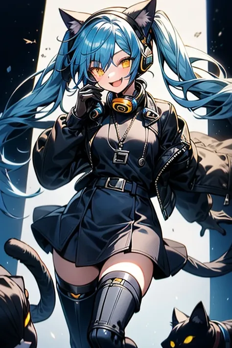 1 girl, yellow eyes, (headphones shaped like robotic cat ears),blue hair in two pigtails,(robotic cat tail),black jacket, blue gloves, short blue skirt, black boots, long black stockings, (smile), (looking to the spectator).