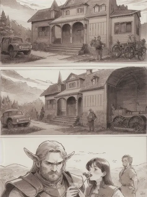 (masterpiece, highest quality, very detailed: 1.5), (portrait, on), black and white, ((sepia)), ((pencil drawing)), art nouveau, western painting, ((multiple adventurers)), tavern, men and women, eating and drinking, dragons inn, warrior, dwarf, wizard, tr...