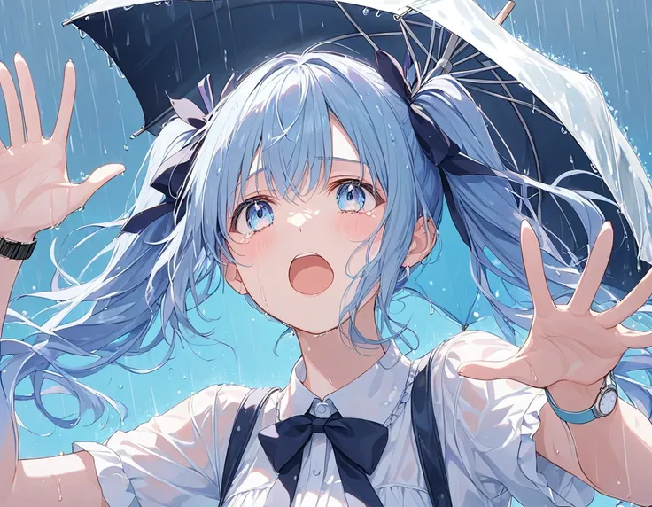 A woman crying,pastel,Reach out here,To ask for help,Open your mouth,shout,Light blue base,Light blue eyes,Star Iris,Light blue hair,Twin tails,ribbon,White shirt,There is no sense of life,The background is wet,Getting wet in the rain,Polka dot masterpiece...