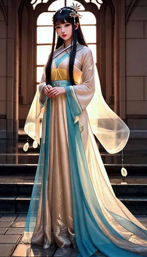 （masterpiece:1.3),(best quality:1.4),(actual:1a.4）,Ice Palace Cloister,Ice Pond,Liu Yurou,Bangs,long hair shawl,hair accessories,Big breasts,Goose yellow palace Hanfu,close-up