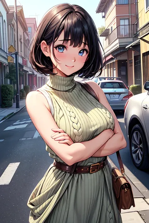 A girl is posing for a photo, animeのcute女の子,  ((One Girl)), ((baby face:1.4)), ((cute:1.5)), 
break 

((Blue knit sweater long dress:1.4) : ((Sleeveless high neck)) + ((A gold belt that fits snugly around the waist)) + (Shiny)) + ((Low denier black pantyho...