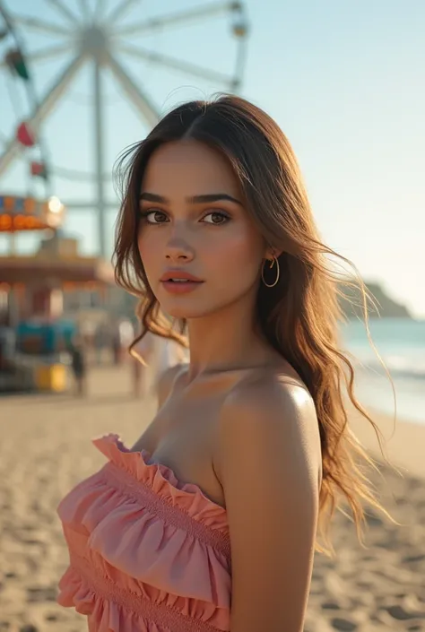 A beautiful young girl standing on a beach boardwalk, wearing a cute dress, long eyelashes, beautiful detailed eyes and lips, with a petite figure and large breasts, at an amusement park with a ferris wheel, carousel, arcade, and rollercoaster in the backg...