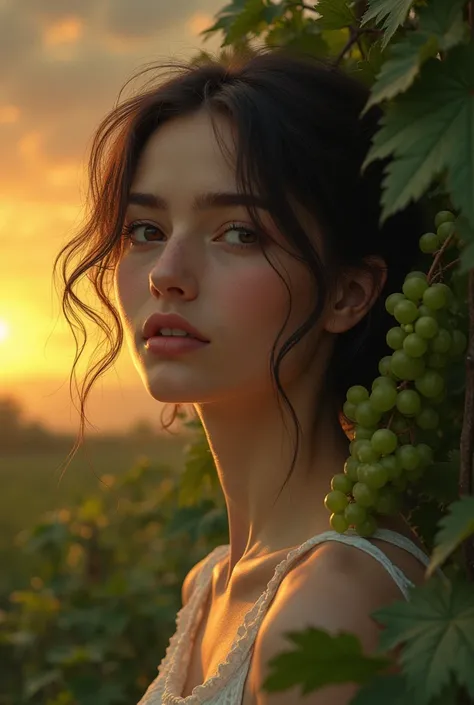 I was scared of being loved, just like I was until yesterday. Grapes still green, a beautiful woman with her lips pressed together, autumn sky, happiness, determination 