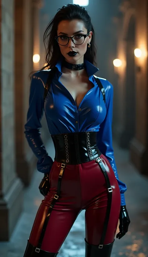 femme, vue de dos, latex, brillant, Les vampires, stricte, latex, brillant, chemisier latex bleu marine, pantalon marron rouge latex, serre taille latex noir, bretelles latex noir, cuissades vinyle noir, visage mechant sévère, bouche noir brillant, une mai...