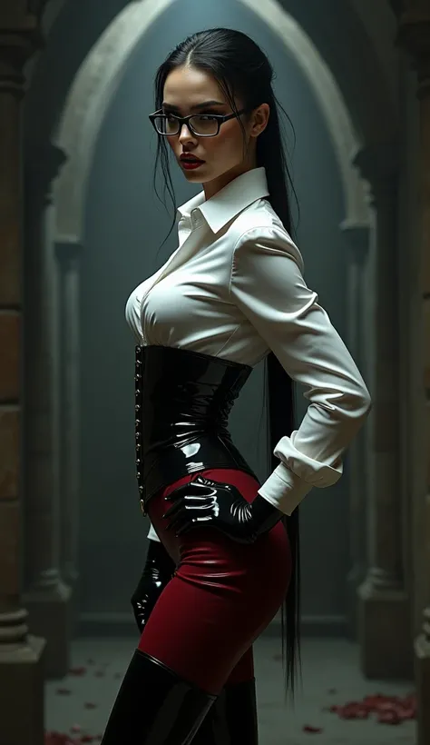 femme, vue de dos, latex, brillant, Les vampires, stricte, latex, brillant, chemisier latex blanc crème, pantalon marron rouge latex, serre taille latex noir, bretelles latex noir, cuissades vinyle noir, visage mechant sévère, bouche noir brillant, une mai...