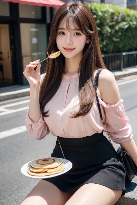 High resolution, Long Hair, , bangs, Brown Hair, Large Breasts, Beautiful Face、
165cm.２４age、Japanese、Natural Makeup、Smiling model body type、Black Mini Skirt、Pink blouse、Black handbag、Eating pancakes

