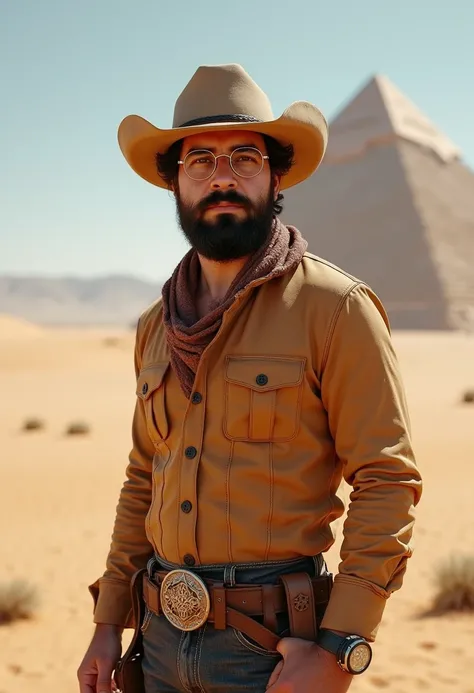 (Extremely detailed CG unity 8k wallpaper),(masterpiece), (The best quality), (ultra-Detailed), (best illustration),(Best shadow), COWBOY SHOT, (desert background:1.2), arena, pyramid
,, Round glasses, 
 