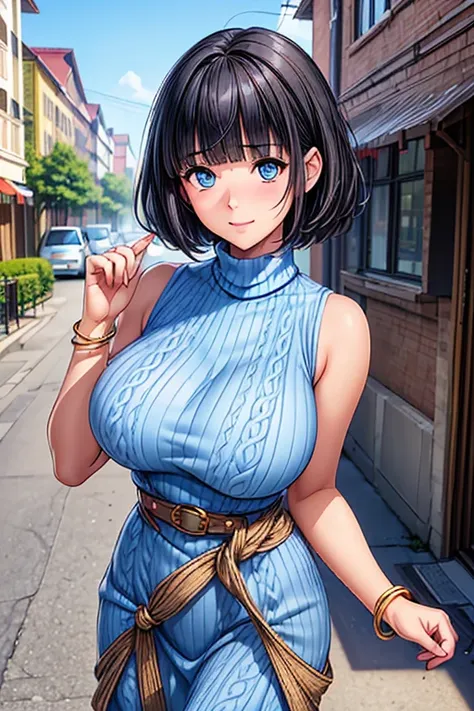 A girl is posing for a photo, animeのcute女の子,  ((One Girl)), ((baby face:1.4)), ((cute:1.5)), 
break 

((Blue knit sweater long dress:1.4) : ((Sleeveless high neck)) + ((A gold belt that fits snugly around the waist)) + (Shiny)) + ((Low denier black pantyho...