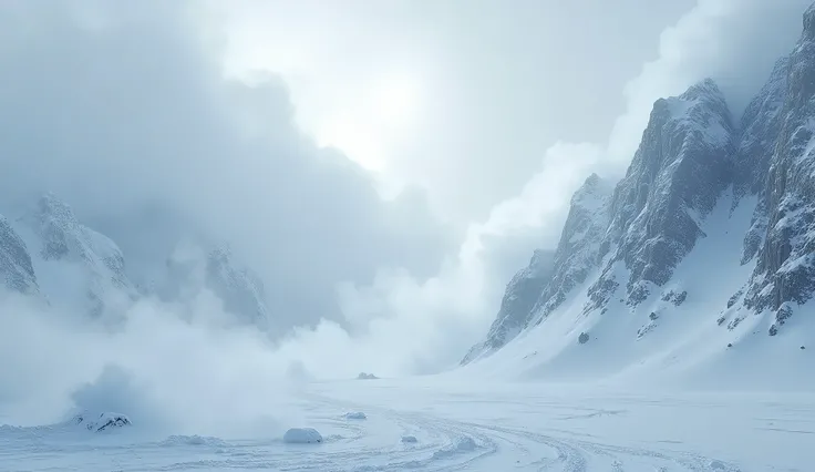 a strong snowstorm in the arctic where the snow clouds with a lot of snowflakes are heavily blowing