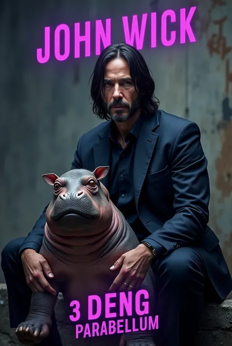 This image is a humorous parody of the "John Wick" movie poster, specifically for "John Wick 3: Parabellum." In the parody, the character (originally portrayed by Keanu Reeves) is depicted sitting alongside a strange, wrinkled animal, possibly a baby hippo...