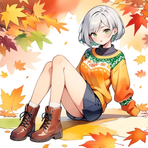 1 feminine skinny boy, Feminine face, full body, silver bob cut, green eyes. glossy lips apart, feminine breast, He is sitting in a Cowichan sweater and mini skirt, short boots, Watercolor paint style, Autumn color pallet