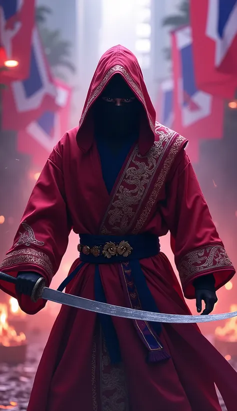 Ninja from Thailand, epic and scary looking with cinematic style, colorful background, he is wearing red with purple and white ninja style clothes, Thailand flag in the background