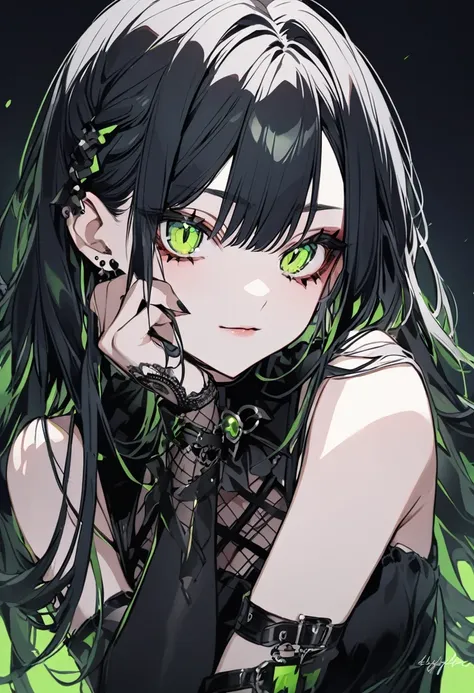 Goth girl with black hair and green eyes with a hand on her cheek