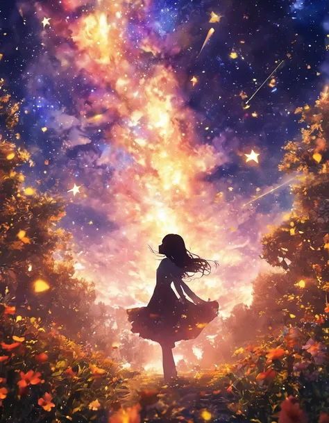 masterpiece, Concept Art, Panorama, In the center, shape, Wide Shot, One girl silhouette, garden, night, star, Space Galaxy Background, (A magnificent composition, Epic scale), Dynamic Lighting, Bright colors, Hope for a moment of happiness、Reaching out to...