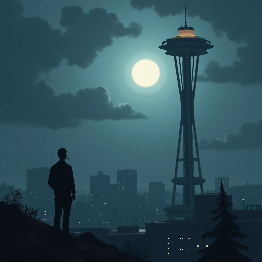 Cloudy night in Seattle full moon looking at space needle while smoking 