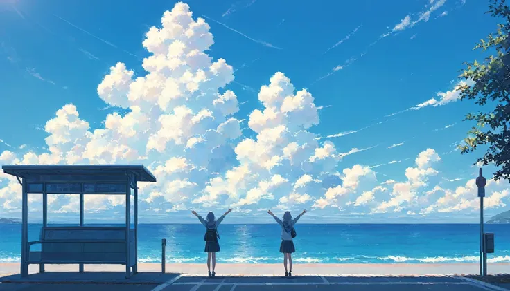 one woman,pastel,standing in front of the bus stop,woman reaching for the sky,under the blue sky,view of the sea,view from afar,...