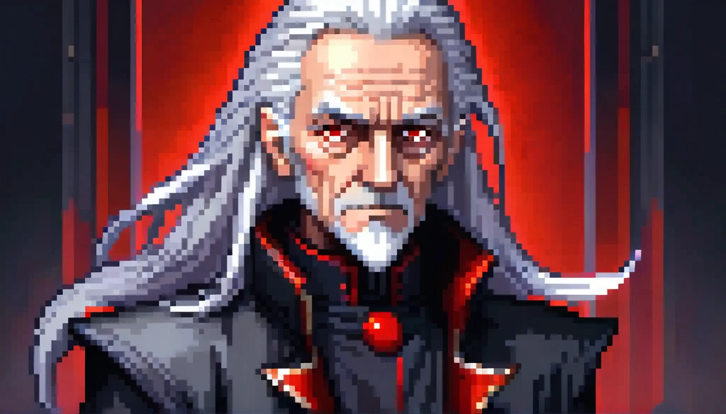 (Pixel art), dark, fantasy, rpg, game asset, cinematic picture of the face of a old man, silver long slicked back hair, red eyes, tall, skinny, long black jacket, white bright shirt, long boots, red pants, powerful and mysterious