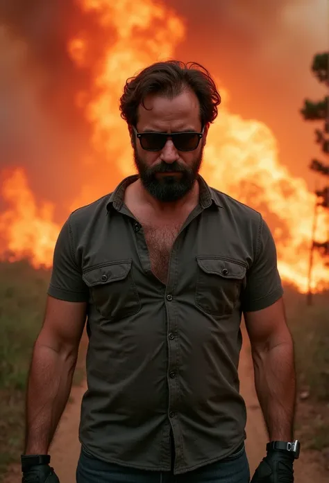 A 3 man with a masculine, rugged face and dark sunglasses stands in front of a massive wildfire, the intense heat reflecting off his skin. His face is detailed with soot and tension, his shirt partially burned from the nearby flames. Behind him, the fire r...