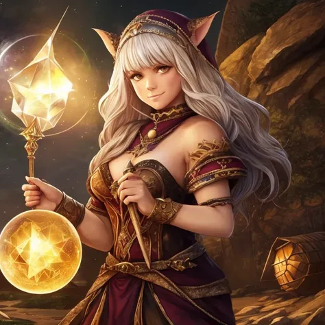 A female dwarf with pointy ears dressed as a witch holds a crystal ball，Female Dwarf，2:2，Fantasy，ArcheAge，Abstract painting，Fantasy、wallpaper、A cute woman