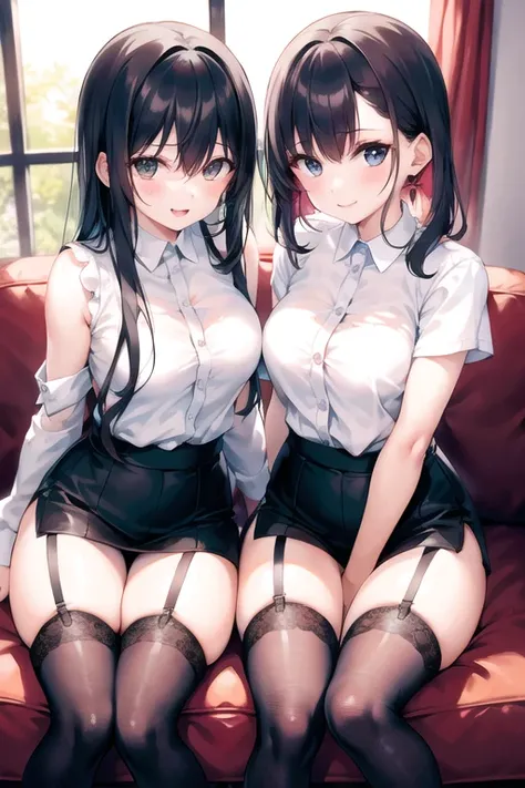 two girls sitting in a living room, wearing a white sleeve shirt and black garter, beautiful+cute