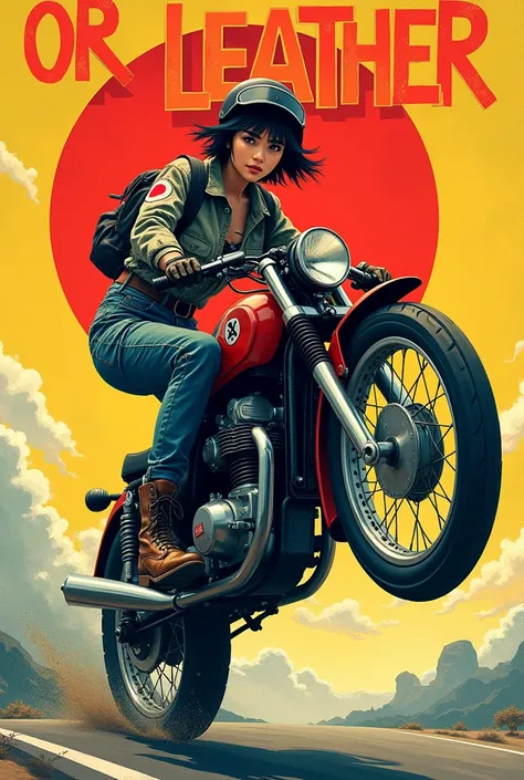 Pop Art Style。Young and cute、A Japanese woman with short, messy black hair、A stylish flight jacket with a Japanese flag patch on the shoulder.、Durable cargo pants、Durable boots、Wearing a vintage helmet and gloves、Doing a wheelie on a Zero-fighter colored m...