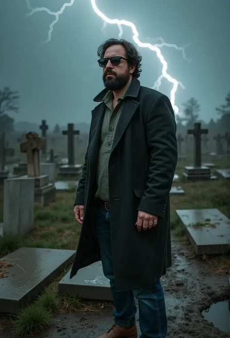 A 3 man with a rugged, masculine face and dark sunglasses stands in a desolate cemetery during a violent storm. His detailed expression reflects shock and grief, as he stands amidst shattered gravestones, some of them cracked open by the force of the earth...