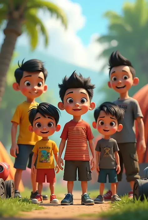 (Five Indonesian boys, Budi, athletic  with short black hair and bright brown eyes, wearing a bright-colored t-shirt and shorts, with sporty shoes. Didi,  boy with a smaller build, curly black hair, and sharp black eyes, wearing a striped t-shirt and long ...