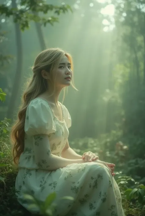 A tranquil landscape unfolds. A stately woman with lush blonde hair flowing down her back sits elegantly with her knees together in a mysterious forest, wearing a white flowing dress with puffed sleeves and a green random pattern print. A softly glowing mi...