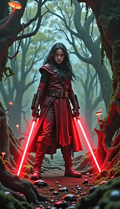 A girl standing in the Forest of Endor, She held red laser swords in both hands，Staring at the viewer. A maze of twisted roots, Jagged rocks and strange lights. Every detail is carefully presented, From the gnarled tree branches that entwine the landscape ...