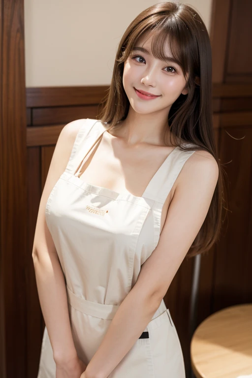 High resolution, Long Hair, , bangs, Brown Hair, Large Breasts, Beautiful Face、
165cm.２４age、Japanese、Natural Makeup、Smiling model body type、apron

