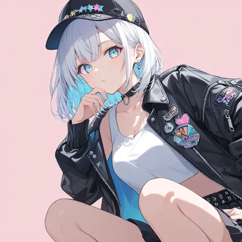 Anime Style,pastel,One woman,Wear a cap,White Hair,lob hair,blue eyes,Shining Eyes,緑にShining Eyesのハイライト,Like Sapphire Punk Rock Outfit,White tank top,blackドロップショルダー,Leather jacket,black,Crouching,Support your elbows on your knees,Put on chin,ドヤ顔 One womanを...