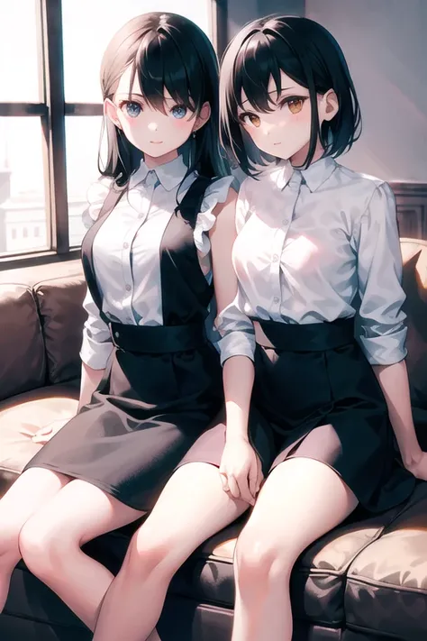 two girls sitting in a living room, wearing a white sleeve shirt and black fabric, beautiful+cute