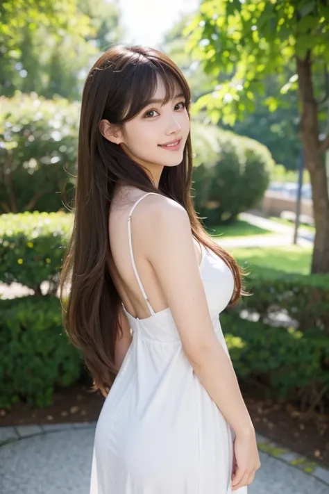 High resolution, Long Hair, , bangs, Brown Hair, Large Breasts, Beautiful Face、
165cm.２４age、Japanese、Natural Makeup、Smiling model body type、White dress、　Rear view

